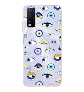 PrintiFy Vivo Y20 ile Uyumlu 1mm Slim Fit Nazar Boncuğu 2 Baskılı Şeffaf  Kılıf