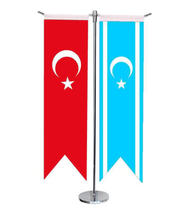 Masa Üstü Kırlangıç Kerkük Türkmeneli + Türk Bayrağı + Krom T Direk Masa Bayrak Seti