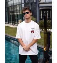 Erkek Kısa Kol Tişört Bisiklet Yaka Boxy Eldiven Baskılı T-Shirt - Beyaz