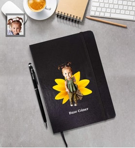 Kişiye Özel Kız Çocuk Karikatürlü Siyah Defter Kalem Hediye Seti Model-1