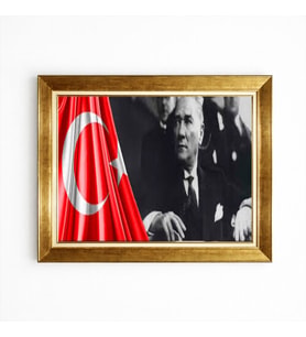 Tablore Atatürk Portresi Ve Türk Bayraklı Altın Varak Çerçeveli Salon Ofis Duvar Tablosu
