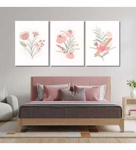 3'lü Kanvas Duvar Tablosu Pastel Soft Pembe Çiçek Tasarımı