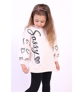 Toontoy Kız Çocuk Baskılı Balon Kol Sweatshirt (Pudra)