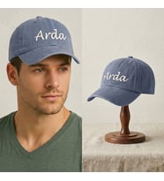 BK Gift Kişiye Özel İsim Nakışlı Vintage Turkuaz Beyzbol Şapkası Unisex Eskitme Kumaş Metal Tokalı