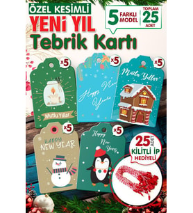 Yılbaşı Hediye Paketi Etiketi 25 Adet 7x4,5 Cm  , 25 Adet Kilitli İp Hediyeli - Happy New Year   Y1-T1015