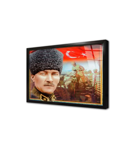 Kalpaklı Atatürk ve Türk Bayrağı Çerçeveli Cam Tablo