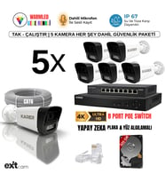 5'li IP KAMERA-POELİ-5MP-ULTRA HD-4K 1920 ÇÖZÜNÜRLÜK-SESLİ-GECE RENKLİ GÖRÜŞ-İNSAN ve PLAKA ALGILAMALI SET (Beyaz)