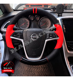 Opel Astra J Dikme Direksiyon Kılıfı Parlak Siyah Kırmızı Detaylı Kırmızı Çift Yüzük ve Dikiş 2009-2015