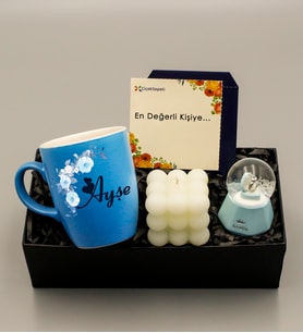 Kişiye Özel Mavi Bulut Kupa & Bubble Mum & Mavi Küre Hediye Seti