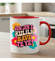 Jin Jin e Kulîlk Bavê Te Ye Klasik Kırmızı Renk Porselen Kupa Bardak (Beyaz)