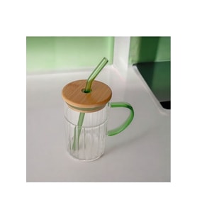 Bambu Kapaklı Cam Pipetli Kupa 420 ml