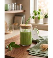Bambu Kapaklı Cam Pipetli Kupa 420 Ml Gri