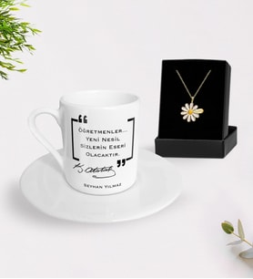 BK Gift Kişiye Özel Öğretmenler Günü Türk Kahvesi Fincanı ve İsimli Papatya Kolye Hediye Seti- 14, Öğretmene Hediye, Öğretmenler Günü