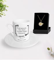 BK Gift Kişiye Özel Öğretmenler Günü Türk Kahvesi Fincanı ve İsimli Papatya Kolye Hediye Seti- 14, Öğretmene Hediye, Öğretmenler Günü