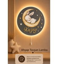 Ahşap Sarı Aylı Tavşan Lamba İsme Özel Pilli Ledli Gece Lambası Bebek Çocuk Odası