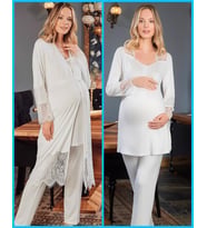 Bone Club 5109  ECRU Fantazi Dantelli Hamile Lohusa3 Lü Pijama Sabahlık Tk (Ekru)