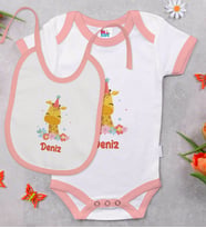 BK Kids Kişiye Özel İsimli Pembe Bebek Body Zıbın ve Mama Önlüğü Hediye Seti-21