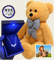 Size Özel Fotoğraflı Set Işıklı Kutusunda 925 Ayar Gümüş Kolye ve 80cm Kahve Ayıcık (Model 4)