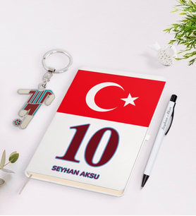 BK Gift Kişiye Özel Bordo-Mavi Tasarımlı İsimli Defter kalem ve Formalı Metal Anahtarlık Model 2