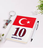 BK Gift Kişiye Özel Bordo-Mavi Tasarımlı İsimli Defter kalem ve Formalı Metal Anahtarlık Model 2