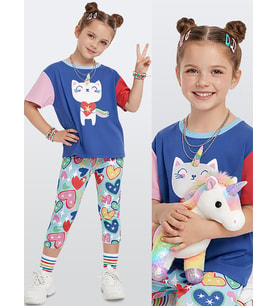 Unicorn Kedi Kız Çocuk İkili Takım Tayt T-shirt İlkbahar Yaz 2-7 Yaş (Mavi)