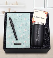 Kişiye Özel Yeşil Çiçekli Defter & 280 ML Kulplu Siyah Çelik Termos & Siyah Mat Kalın Roller Kalem Hediye Seti
