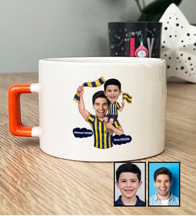 Kişiye Özel Karikatürlü Sarı Lacivert Taraftar Baba Oğul Lüks Fincan Babalar Günü Hediyesi