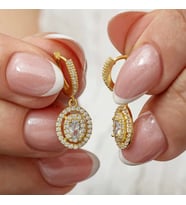 pilelistore Gümüş Gold Oval Taşlı Sallantılı Küpe