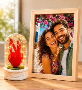 Kişiye Özel Fotoğraflı Ahşap Çerçeve ve LED Işıklı Kırmızı Kalpli Fanus Sevgiliye Hediye