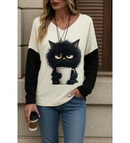 Kadın Uzun Kollu V Yakalı Kedi Baskılı şardonlu Dalgıç Bluz (Beyaz)