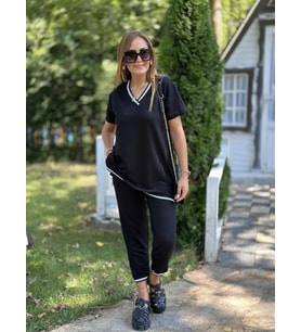 Kadın Kısa Kollu V Yakalı Iki Iplik Bluz Ve Pantolon Ikili Takım