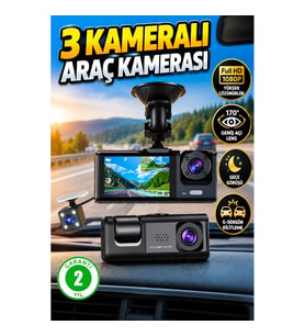 3 Kameralı Araç İçi Kamera Kayıt Cihazı – Full HD, 170° Geniş Açı, Gece Görüşü, G-Sensör