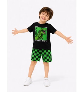 Cg Kids Dinozor Baskılı T-Shirt ve Damalı Şort Alt Erkek Çocuk Üst Takım