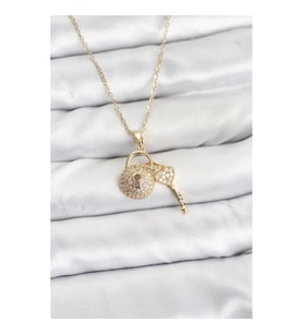 Mey İthalat® 316L Çelik Zincir Gold Renk Kilit Anahtar Model Zirkon Taşlı Kadın Kolye