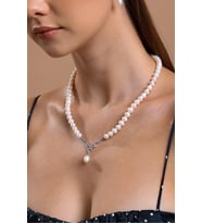 Zirkon Taşlı Doğal İnci Sallantılı Kolye (Rose)