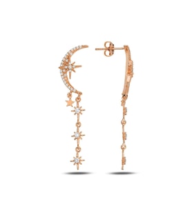 Gümüş rose zirkon taşlı tasarım ay , kutup yıldızı sallantılı küpe SGTL11915ROSE