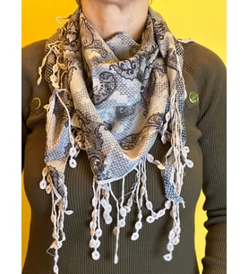 ÇİFT TARAFLI DESENLİ PÜSKÜLLÜ DÖKÜMLÜ KUMAŞ FULAR BANDANA ŞAL 155X55