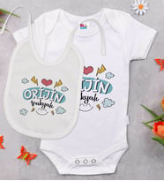 BK Kids Orjin Trakyalı Tasarımlı Beyaz Bebek Body Zıbın ve Mama Önlüğü Hediye Seti-1