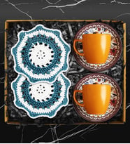 İkili Özel Desenli Turuncu Fincan Takımı & Handmade İkili Makrome Bardak Altlığı