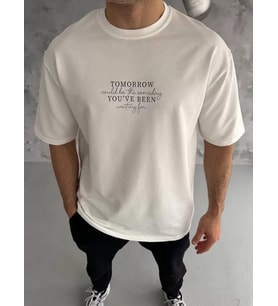 pilelistore- Unisex Bisiklet Yaka Baskılı Oversize T-Shirt - Beyaz