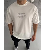 pilelistore- Unisex Bisiklet Yaka Baskılı Oversize T-Shirt - Beyaz