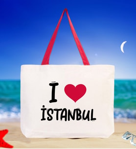 BK Gift I Love İstanbul Renkli Kulp Kanvas Plaj Çantası 48x40m, Baskılı Omuz Çantası, Alışveriş Çantası (Kırmızı)