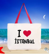 BK Gift I Love İstanbul Renkli Kulp Kanvas Plaj Çantası 48x40m, Baskılı Omuz Çantası, Alışveriş Çantası (Kırmızı)