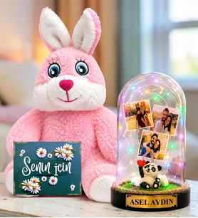 Kişiye Özel 3 Fotoğraflı Renkli LED Işıklı Fanus(pandalı) ve Sevimli Peluş Tavşan Sevgiliye Hediye Kadına Hediye