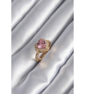 Pirinç Gold Renk Pembe Zirkon Taşlı Charm Kalp Model Kadın Yüzük (Renksiz)
