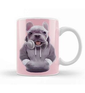 French Bulldog Puppy with Headphones Kupa Bardak Porselen