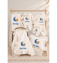 Baby Clime İsme Özel Ayda Uyuyan Ayıcık Baskılı 10 Parça Müslin Hastane Çıkışı Seti %100 Pamuk 4 Kat Müslin Yenidoğan Bebek Hastane Çıkış Takımı Erkek Bebek