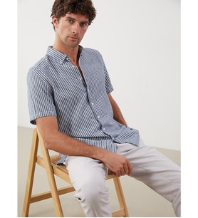 LCWAIKIKI Classic Lacivert Regular Fit Kısa Kollu Çizgili Armürlü Erkek Gömlek