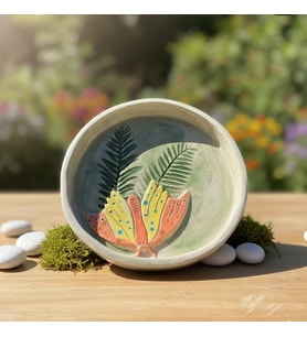 El Yapımı Seramik - Kabartma Kelebek ve Yaprak Desenli Dekoratif Çini Tabak - Boho Ev Dekoru -