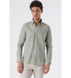 Koyu Haki Kısalabilir Kollu Desenli JakarlıCepsiz %100 Pamuk Casual Slim Fit Gömlek 1004230181